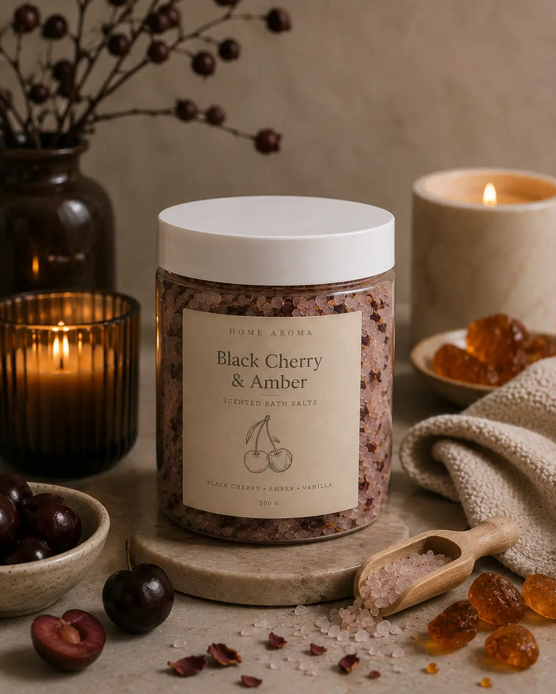 Sól do kąpieli – Czarna wiśnia i ambra, 500 g